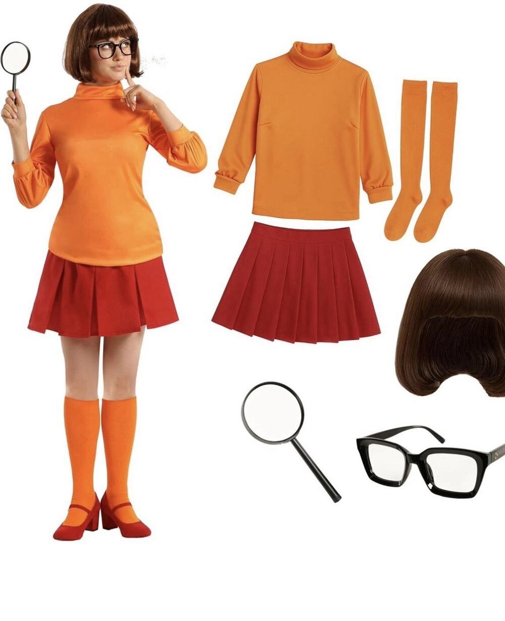 Women`s Velma Costume & Wig Orange Mystery Inc Scooby Doo Detective Dress Xl